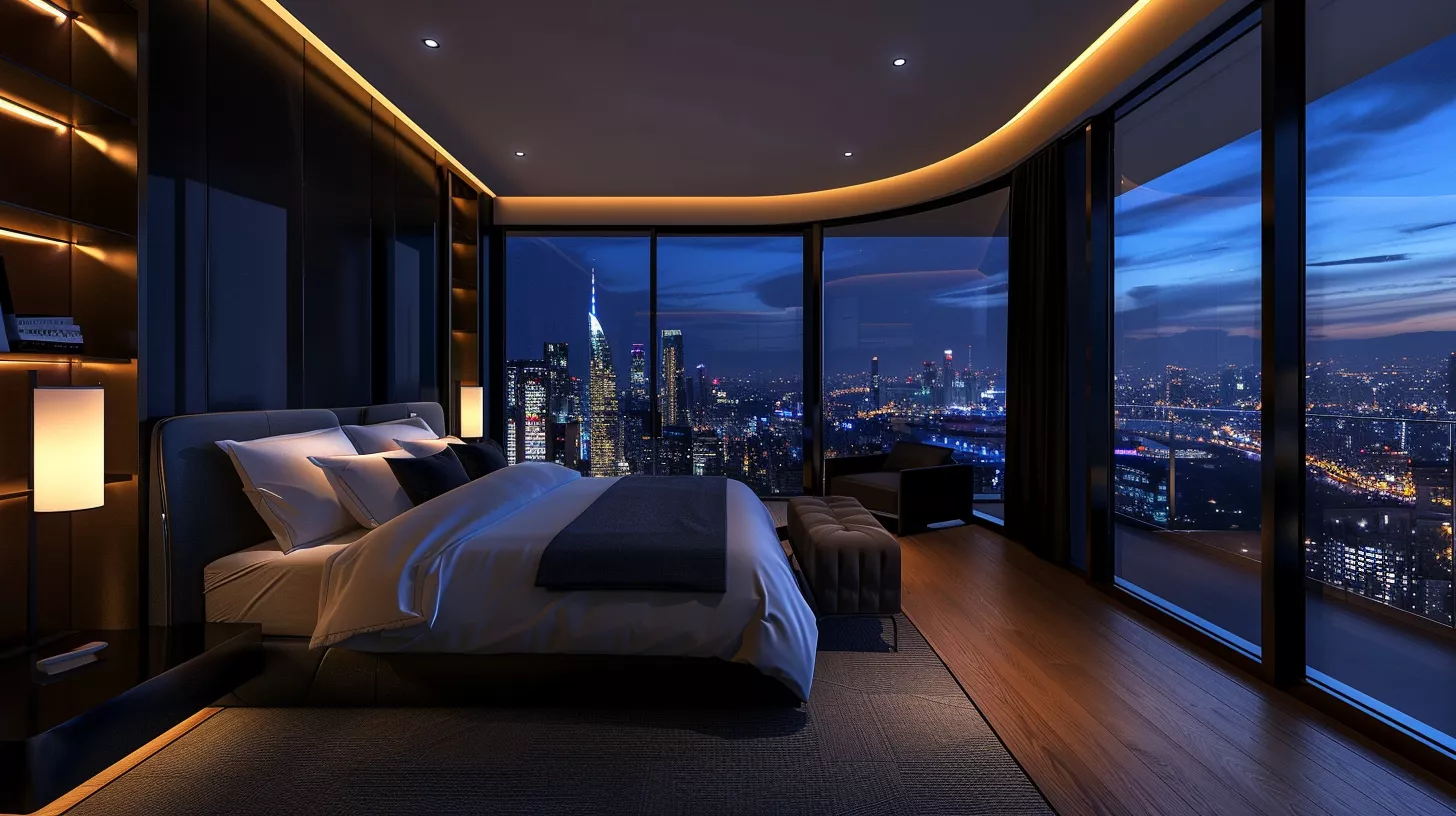 Modern hotel bedroom with king bed, soft lighting, and amazing panoramic view. Modern hotel bedroom with king bed, soft lighting, and amazing panoramic view.